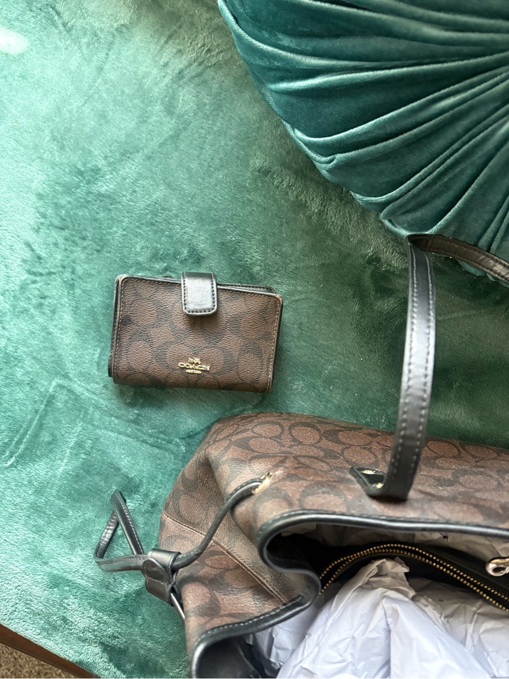 Coach Brown Signature Canvas Shoulder Tote with Matching Wallet